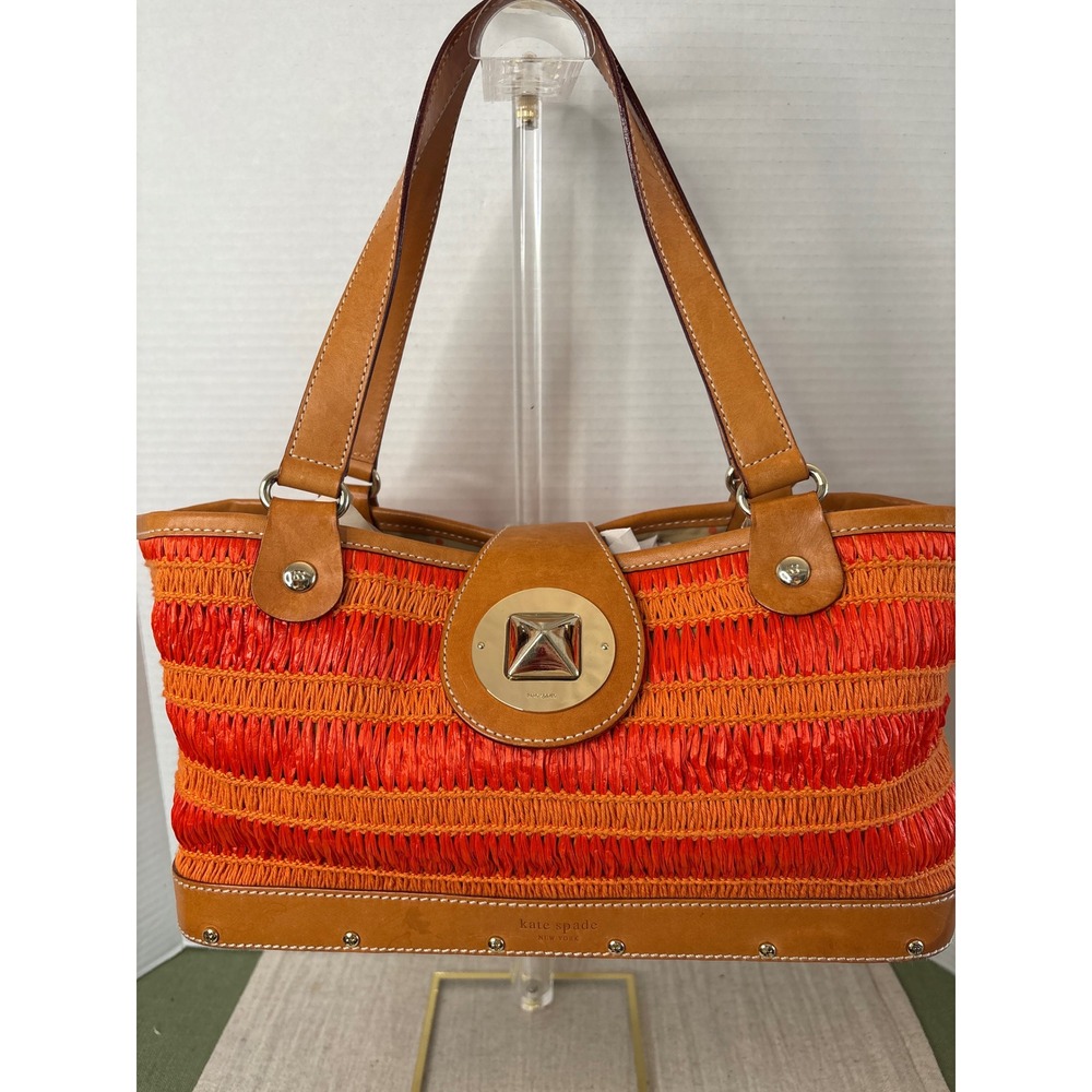 Kate Spade New York Orange Woven Raffia Leather Wood Base Shoulder